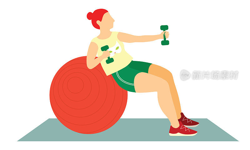 Female doing exercises during workout with dumbbells and fitness ball.